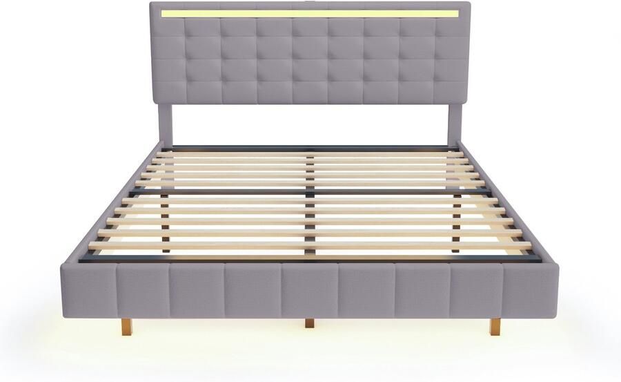 Mobrio Volwassen bed 160x200cm zwevend bed met LED en 2 USB-poorten + lattenbodem linnen stof Grijs