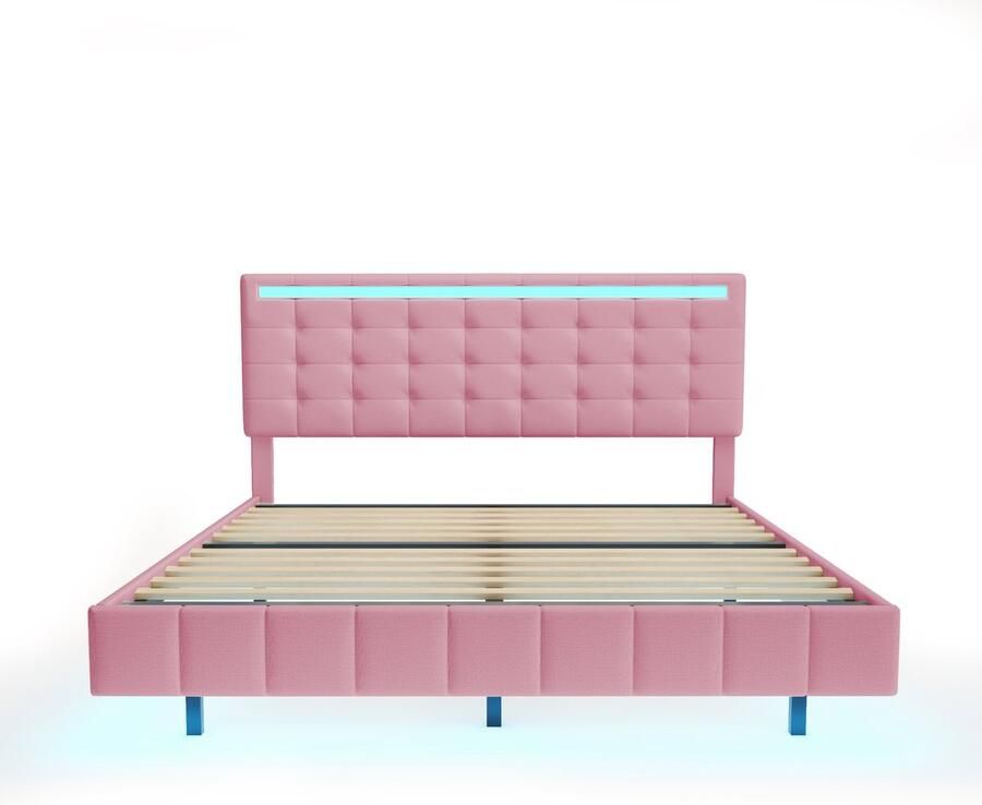 Mobrio Volwassen bed 160x200cm zwevend bed met LED en 2 USB-poorten + lattenbodem linnen stof Roze