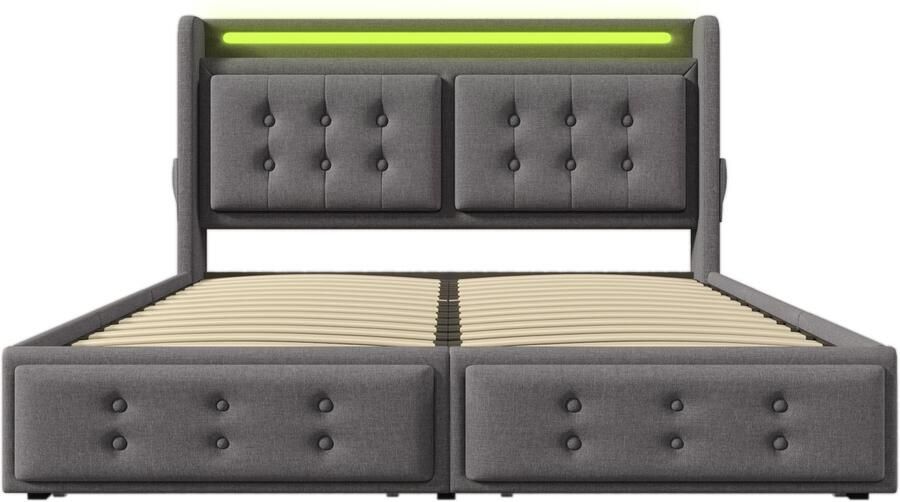 Mobrio Volwassen bed 140x200cm in linnenstof met LED en oplaadpoorten 4 laden Grijs