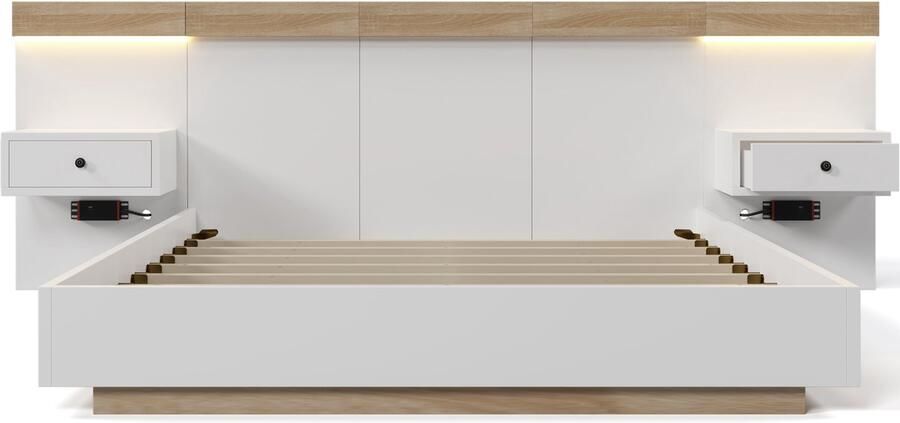 Mobrio Volwassen bed 160x200cm met hangende nachtkastjes + LED- en USB-poorten + lattenbodem hout wit