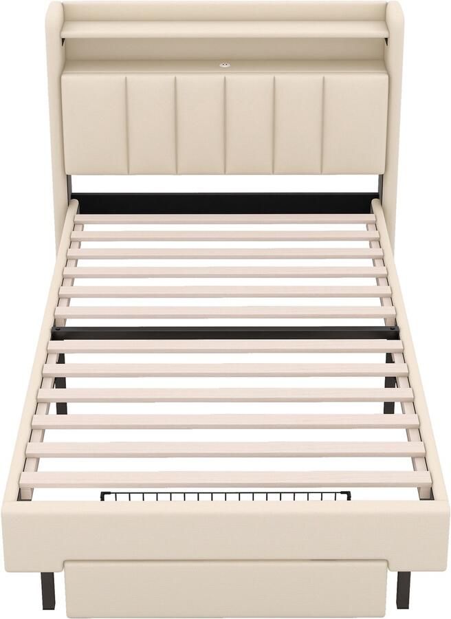 Mobrio Volwassen bed 90x200 cm met LED en USB-aansluiting opklapbaar opberghoofd Beige