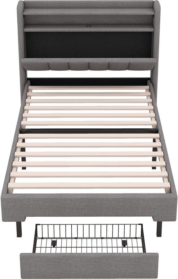 Mobrio Volwassen bed 90x200 cm met LED en USB-aansluiting opklapbaar opberghoofd Grijs