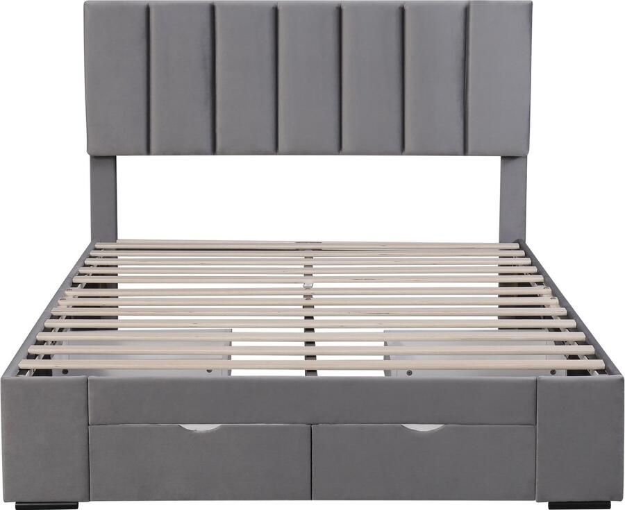 Mobrio Volwassen bed bekleed met fluweel 140x200cm met 4 laden + verstelbaar hoofdeinde + lattenbodem Grijs