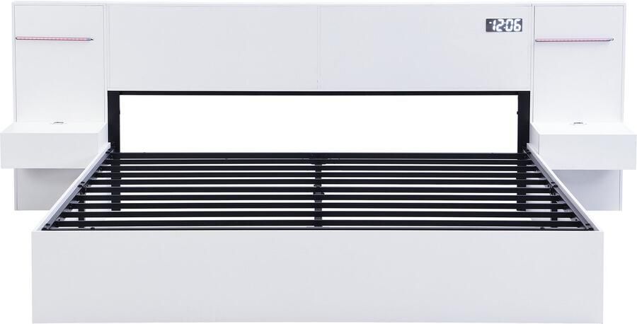 Mobrio Volwassen bed in hout 160x200 cm met 2 nachtkastjes met USB-oplaadpoort Bluetooth-luidspreker en digitale klok Wit