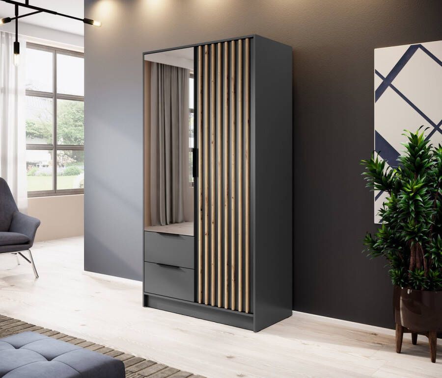 Modani Meubels Kledingkast Caren Antraciet Eiken 105x200x51 met spiegel