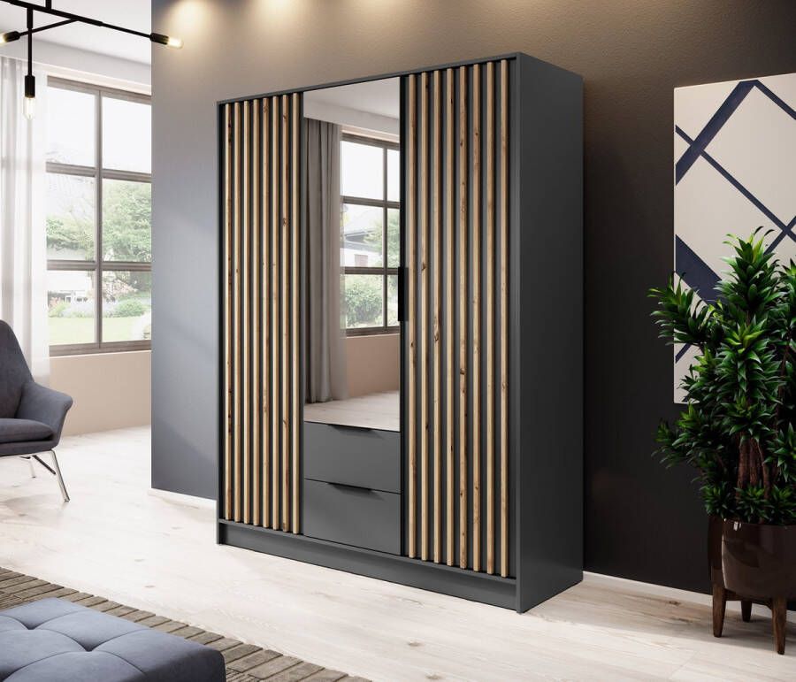 Modani Meubels Kledingkast Caren Antraciet Eiken 155x200x51 met spiegel