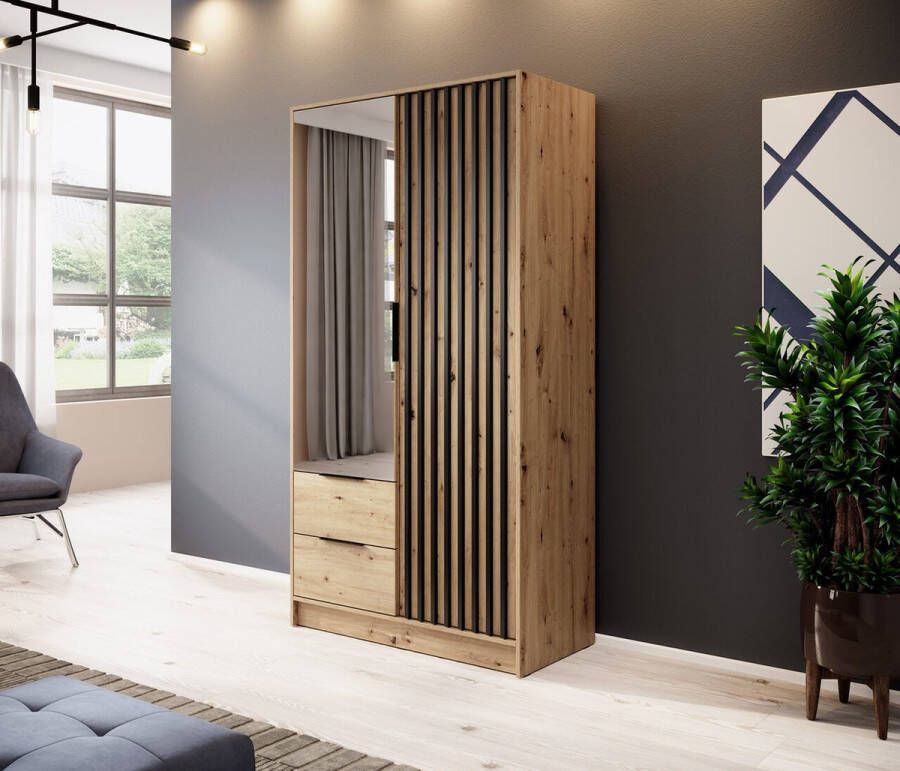 Modani Meubels Kledingkast Caren Eiken Zwart 105x200x51 met spiegel