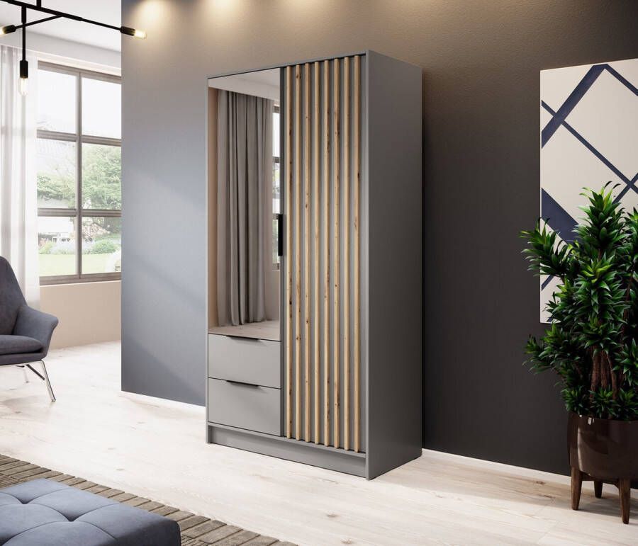 Modani Meubels Kledingkast Caren Grijs Eiken 105x200x51 met spiegel