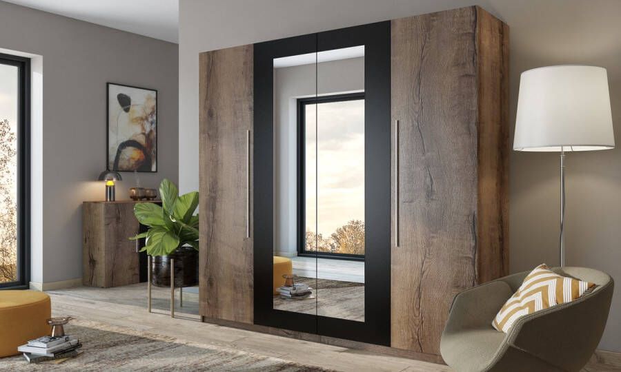 Modani Meubels Kledingkast Donker eiken Zwart 228x57x214 cm Garderobekast