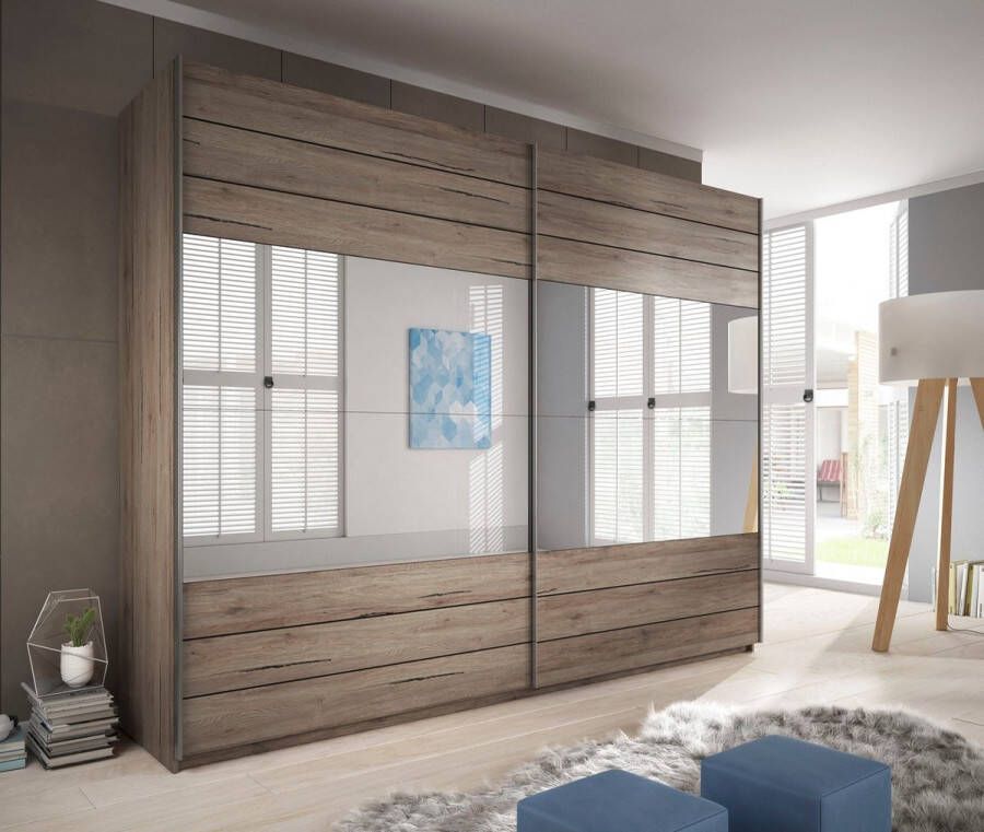 Modani Meubels Schuifdeurkast Galastic Eiken 200x210x61cm Kledingkast met spiegel