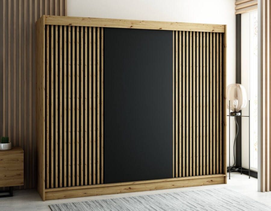 Modani Meubels Schuifdeurkast Lofty Eiken Zwart Kledingkast 250x200x62 cm Industrieel