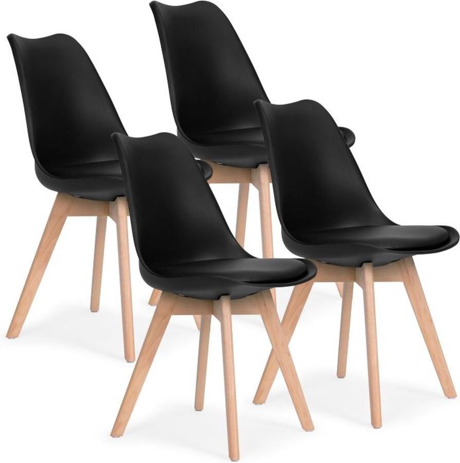 Modern Home Set Van 4 Eetkamerstoelen Kuip Stoelen Met Eco-Leer Kussen En Beukenhouten Poten Zwart Scandinavische design