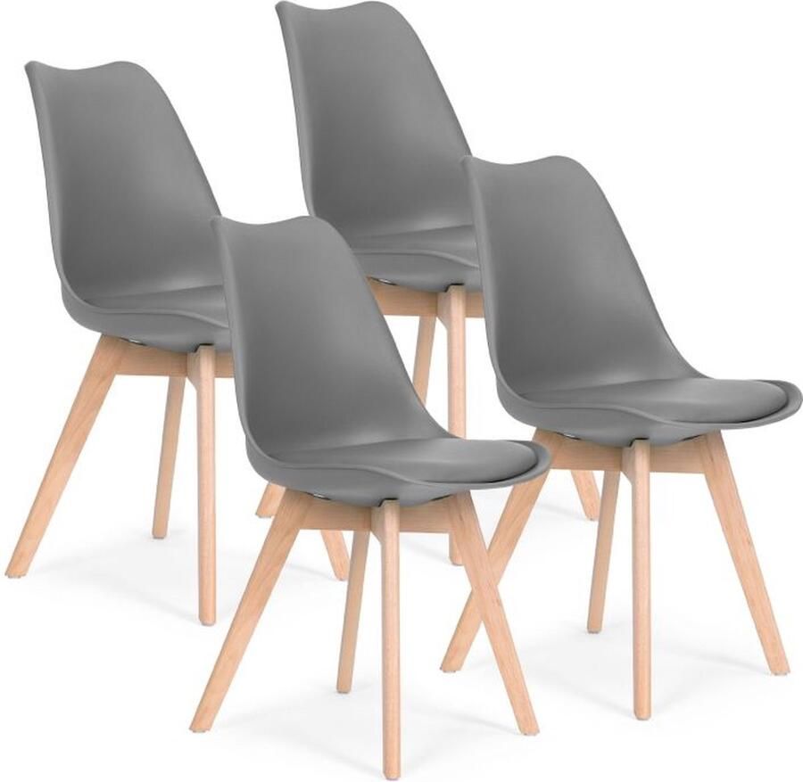 Modern Home Set Van 4 Eetkamerstoelen Kuip Stoelen Met Eco-Leer Kussen En Beukenhouten Poten Donkergrijs Scandinavische design
