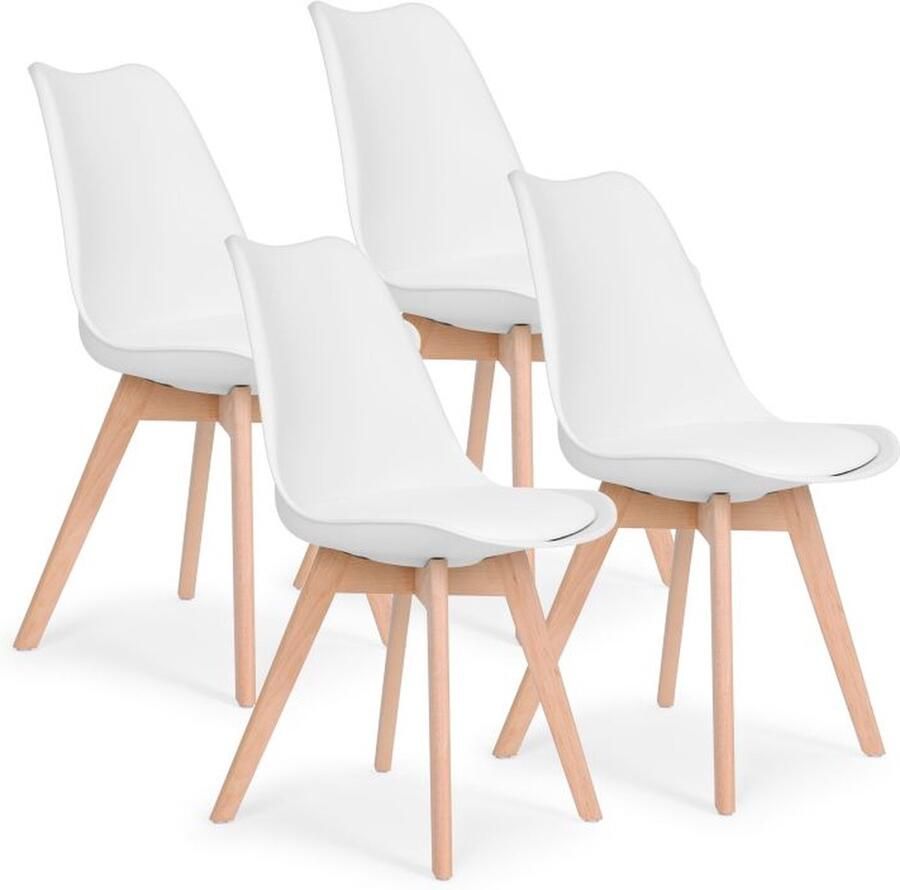 Modern Home Set Van 4 Eetkamerstoelen Kuip Stoelen Met Eco-Leer Kussen En Beukenhouten Poten Wit Scandinavische design