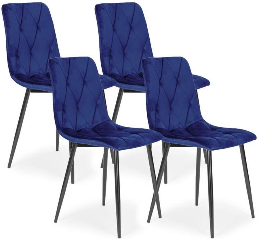 Modern Home Set van 4 Gewatteerde Fluwelen Stoelen Blauw Eetkamerstoelen Woonkamerstoelen Met Metalen Poten