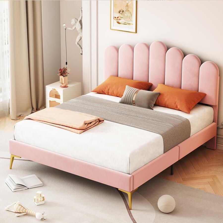Singularity -Gestoffeerd tweepersoonsbed 140 x 200 cm- bedframe met hoofdbord en lattenbodem- volwassen jeugdbed- roze- zonder matras - Foto 2