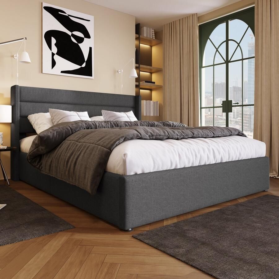Singularity -Opbergbed- gestoffeerd bed- hydraulisch tweepersoonsbed 160x200cm- houten lattenbodem- bed met metalen lattenbodem- linnen- grijs- zonder matras - Foto 3