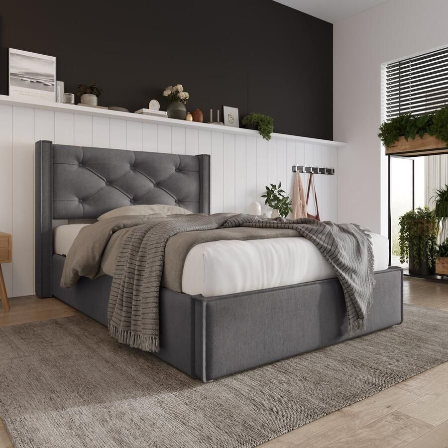 Singularity -Hydraulisch eenpersoons gestoffeerd bed 90x200cm- modern bedframe met opbergruimte- grijs met matras - Foto 2