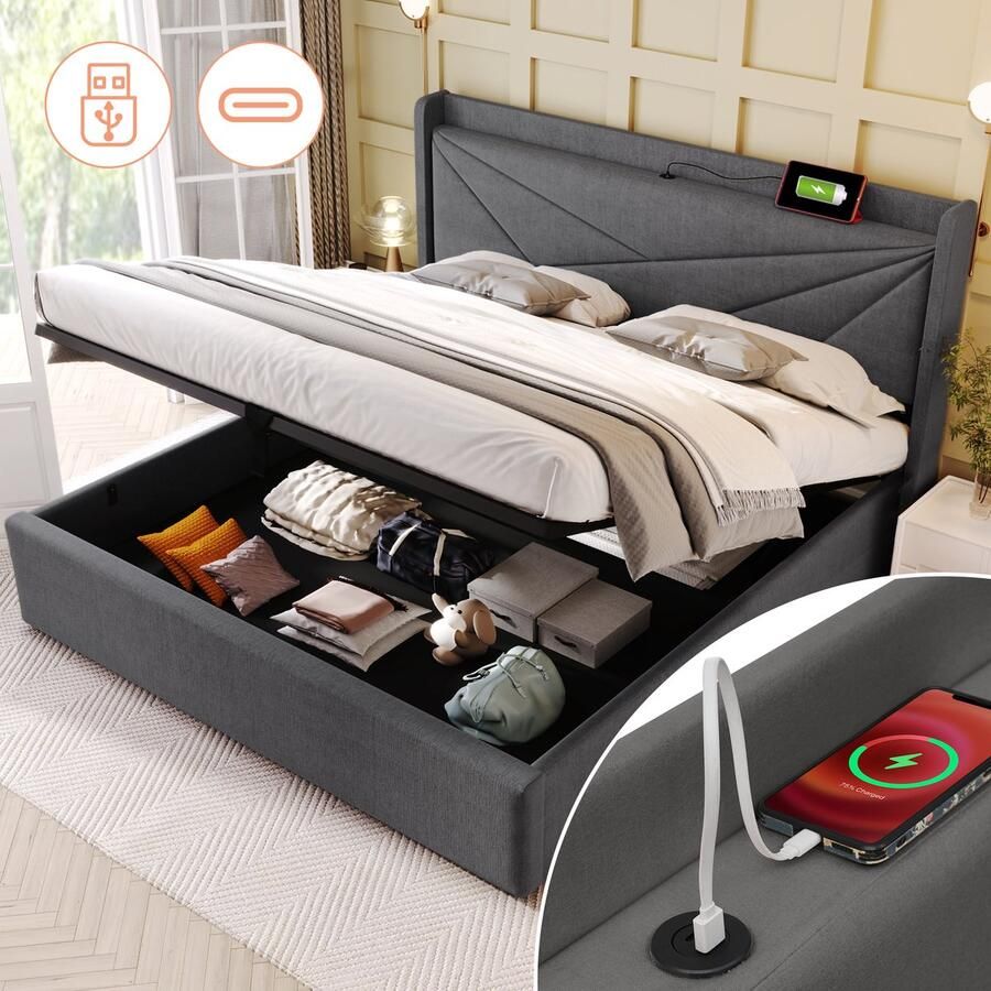 Singularity -Gestoffeerd tweepersoonsbed met USB Type C hoofdbord- opbergbedden- bedframe van linnen materiaal- jeugdbed 160x200- zonder matras - Foto 2