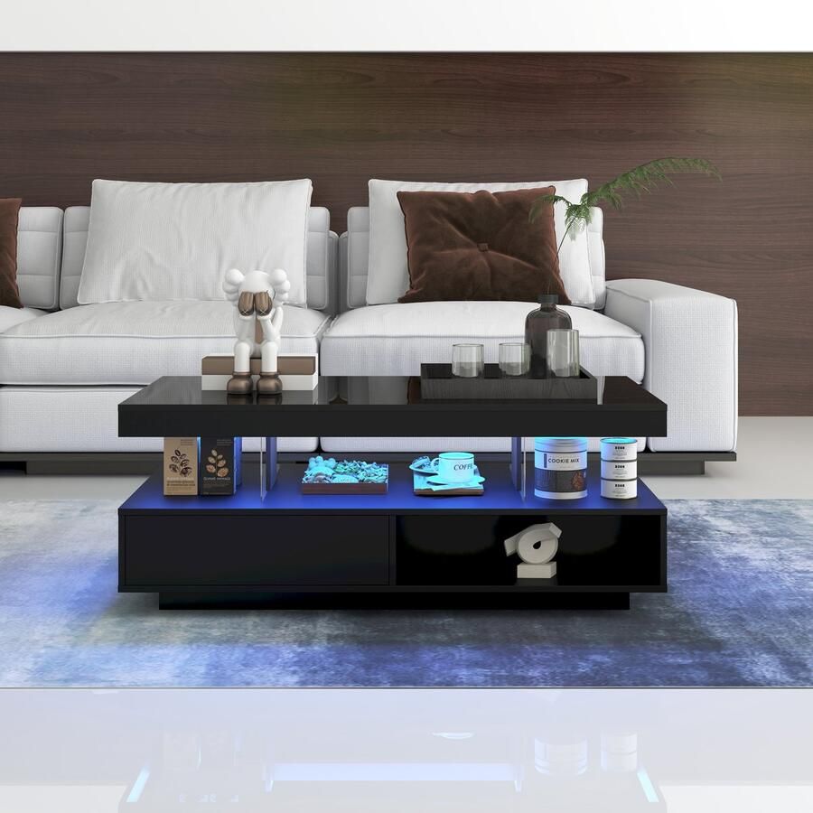 Pugsdrly Zwarte hoogglans salontafel 95x50x42 5 cm met 4 glazen platen 2 lades en 2 open vakken onderkast voor woonkamer salontafel