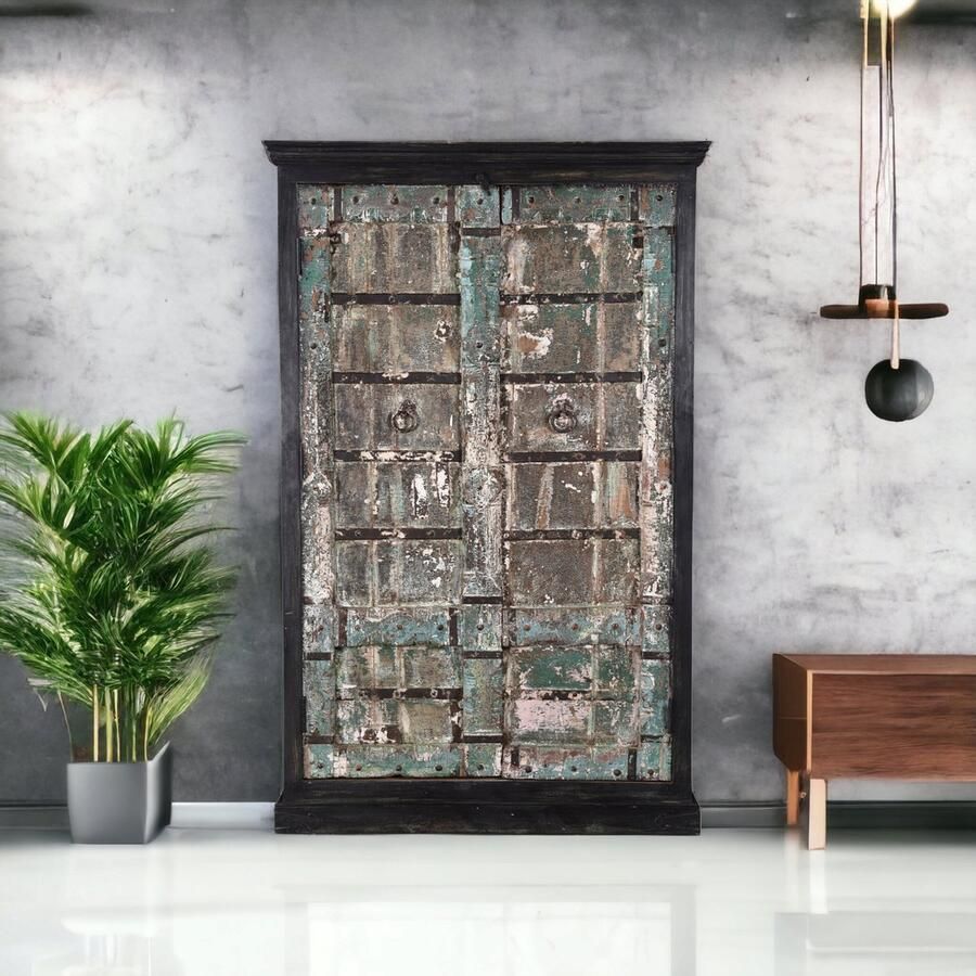 MOFASA Indiase kast 196CM Verweerde deuren Zwart Groen