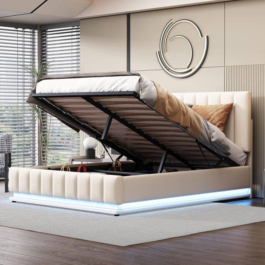 Moimhear Gestoffeerd bed 140 x 200 cm met LED metalen lattenbodem en bedlade tweepersoonsbed met gevoerd hoofdeinde in hoogte verstelbaar hydraulische opbergruimte (140 x 200 cm)