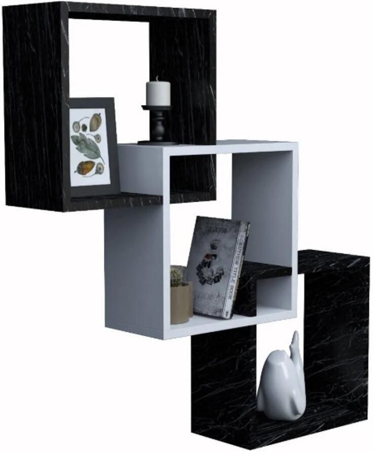 Moka Park Houten Boekenplank Wandkast Wandvitrine Boekenkast Vakkenkast Boekenrek 3 Vakken Wandkast Zwart Wit