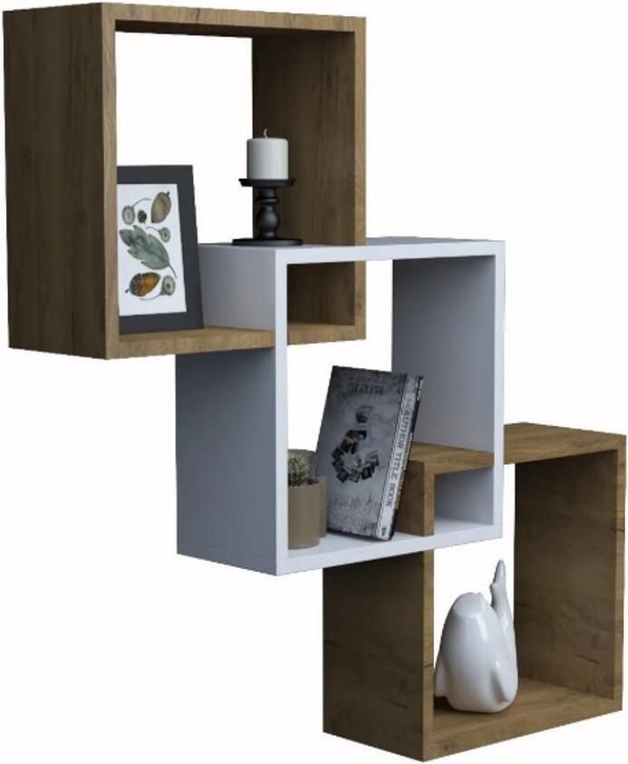 Moka Park Houten Boekenplank Wandkast Wandvitrine Boekenkast Vakkenkast Boekenrek 3 Vakken Wandkast Bruin Wit