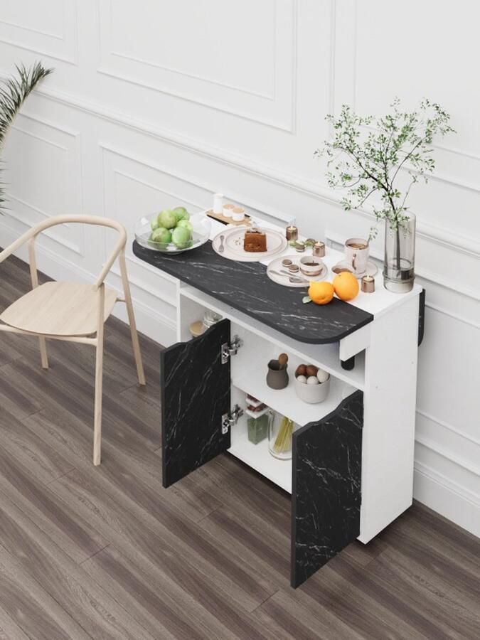 Moka Park Kast met Tafel Keukenkast Keukentafel Opklapbaar Tafel Keuken Tafel Praktisch Kast Rechthoek Tafel Kast met Wielen Zwart - Foto 2