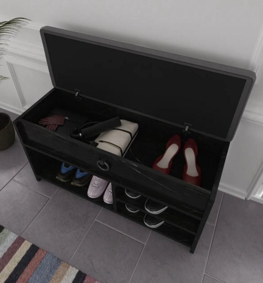 Moka Park Schoenenbank met zitje Bank Met Zitkussen Schoenenrek met opbergruimte Hout 90 x 35 x 50 cm (LxBxH) Zwart