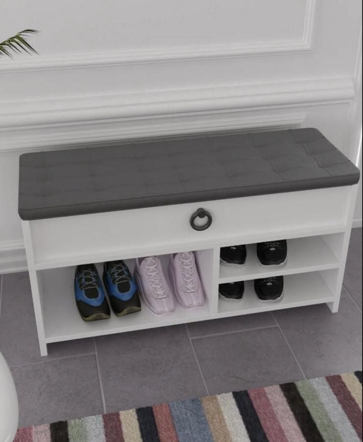 Moka Park Schoenenbank met zitje Bank Met Zitkussen Schoenenrek met opbergruimte Hout 90 x 35 x 50 cm (LxBxH) Wit