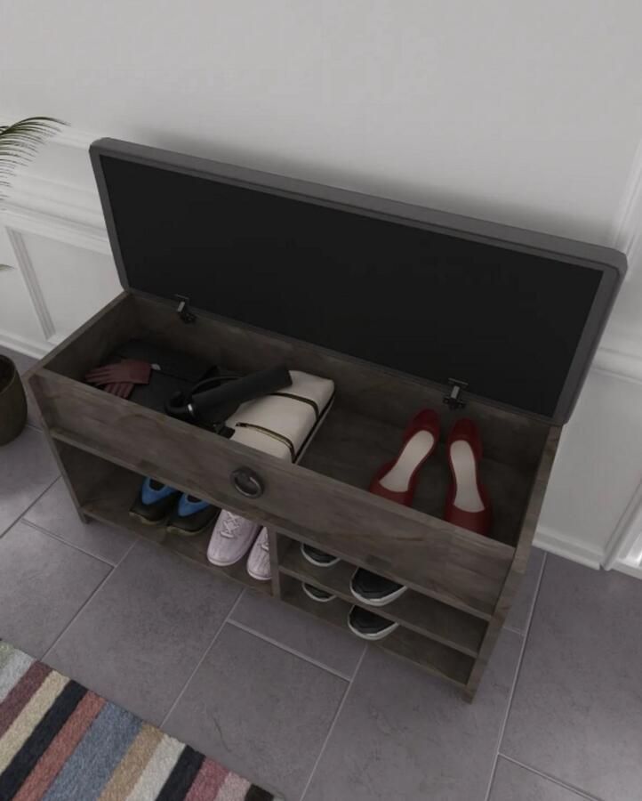 Moka Park Schoenenbank met zitje Bank Met Zitkussen Schoenenrek met opbergruimte Hout 90 x 35 x 50 cm (LxBxH) Grijs