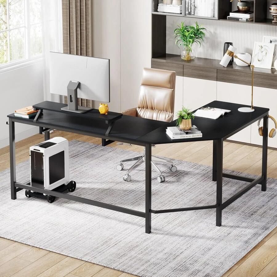 Momentum Online Momentum Moderne L-vormig bureau Voor kantoor Zwart Ideale werkplek Hout Metaal Met Monitor Plank en Toetsenbord Lade Thuiskantoor Home Office Eenvoudige Montage 50x127x75cm Met Gratis PC standaard