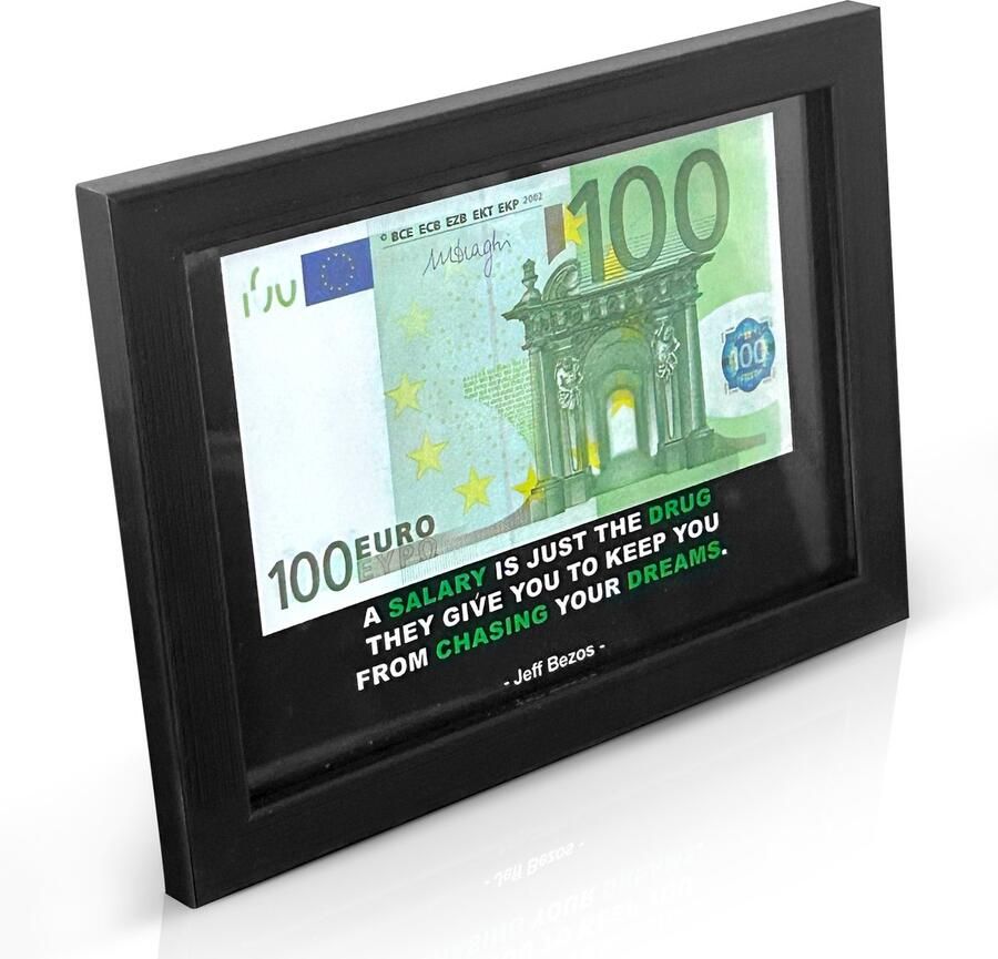 MoneyFramez 100 Euro Kunst Frame- Nummer 1 kadotip van Nederland BIJNA UITVERKOCHT!! Bekend van TV Canvas Glaslaag Cadeau voor man Cadeau voor vrouw Fotolijst Decoratie woonkamer Bureau accessoires Kaders en lijsten Kunst Nepgeld