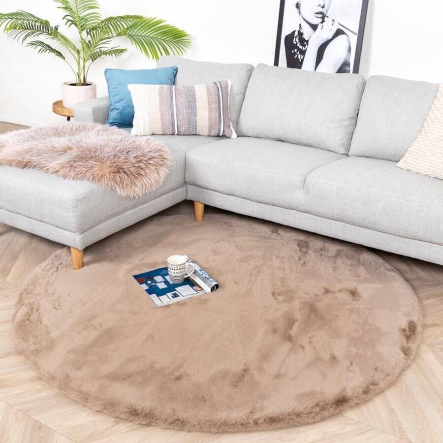 MONOO Super Zacht Ronde Hoogpolig Karpet Taupe Ø160cm Vloerkleden Tapijt Vloerkleed