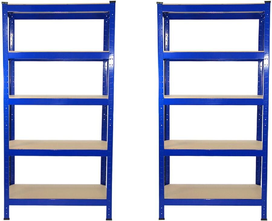 Monster Racking 2x T-Rax Stellingkast Blauw 5-Laags 150kg Per Plank 75x150x30cm Staal & MDF Voor Garage Werkplaats Opslag en Tuinhuisje – Boutloos Systeem