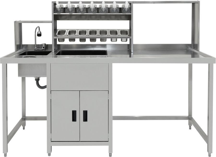 Monster Shop NL Bubble Tea Werkbank Boba Drank Bereidingsstation Bedieningsbalie Roestvrij Staal Wasbak Mengkraan Druppelrooster Glasverfrisser IJsbak Kast Planken Gastro Bakken Sirooppompflessen KuKoo Machine