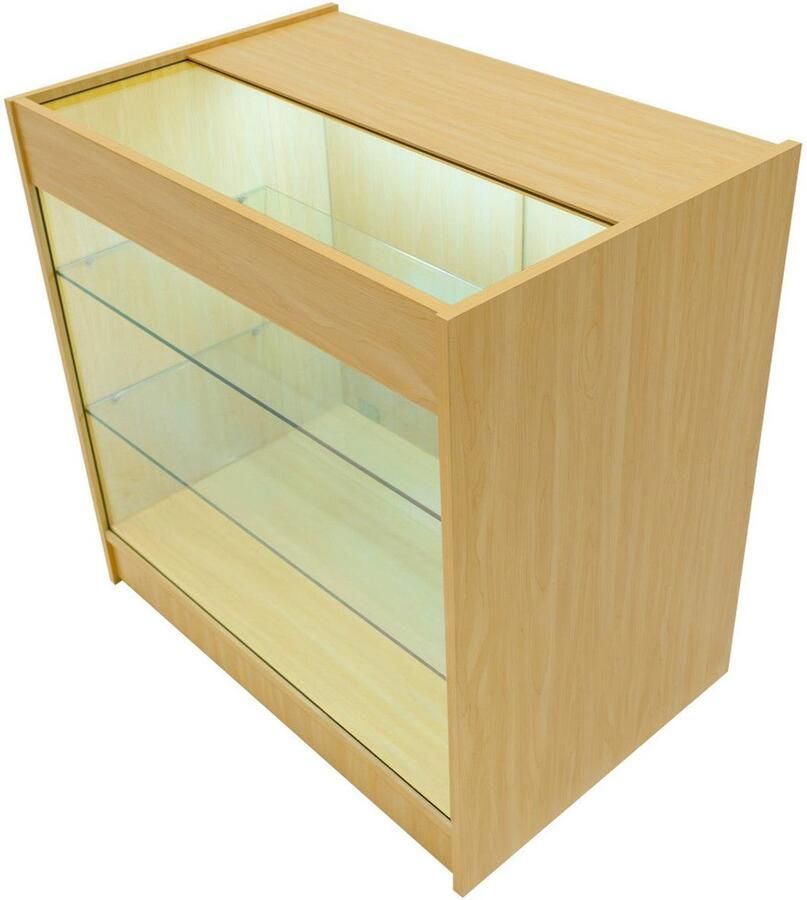 Monster Shop NL Esdoorn Winkel Toonbank LED Verlichting K900 Afsluitbaar Schuifdeuren 2 Sleutels Detailhandel Opbergkast Glas Vitrine Display Kast Receptie Bureau 3 Planken Koele Witte Lampen