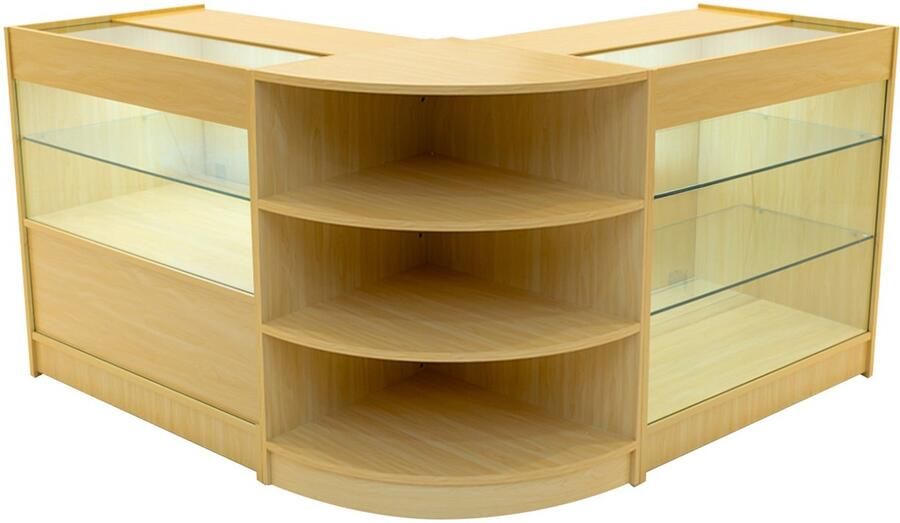 Monster Shop NL Esdoorn Winkel Toonbank Set Calliope LED Verlichting K900 C900 LM60 Afsluitbaar Schuifdeuren Sleutels 3 Detailhandel Opbergkast Kassabalie Glas Hoek Vitrine Display Kast Binnen Planken Witte Lampen