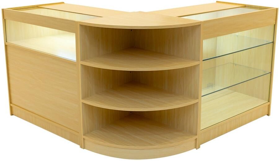 Monster Shop NL Esdoorn Winkel Toonbank Set Demeter LED Verlichting K900 B900 LM60 Afsluitbaar Schuifdeuren Sleutels 3 Detailhandel Opbergkast Glas Hoek Vitrine Display Kast Binnen Planken Witte Lampen