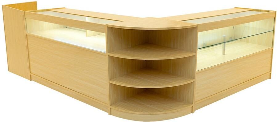 Monster Shop NL Esdoorn Winkel Toonbank Set Europa LED Verlichting B1500 C1500 LM60 TB60 Afsluitbaar Schuifdeuren Sleutels 3 Detailhandel Opbergkast Kassabalie Glas Vitrine Kast Hoek Planken Witte Lampen