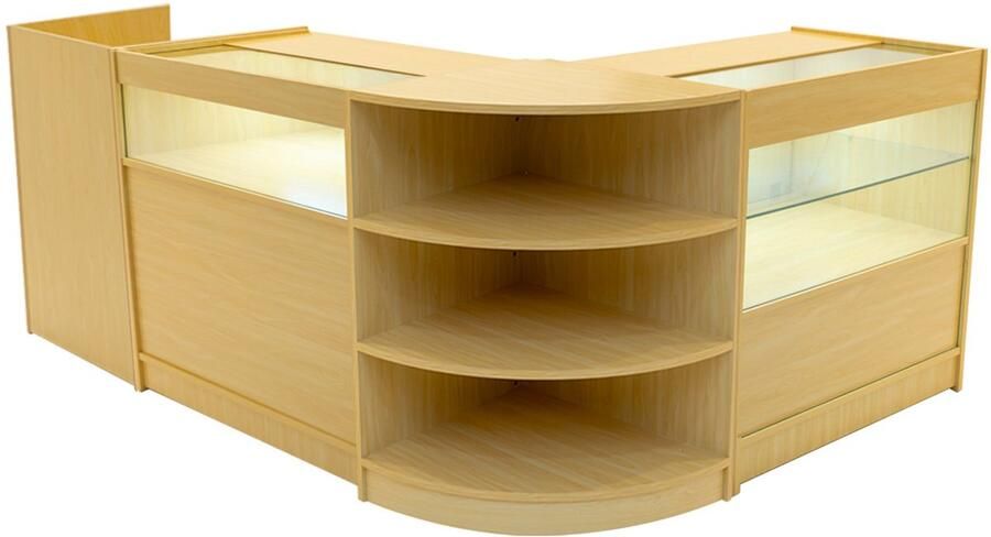 Monster Shop NL Esdoorn Winkel Toonbank Set Europa LED Verlichting B900 C900 LM60 TB60 Afsluitbaar Schuifdeuren Sleutels 3 Detailhandel Opbergkast Kassabalie Glas Vitrine Kast Hoek Planken Witte Lampen