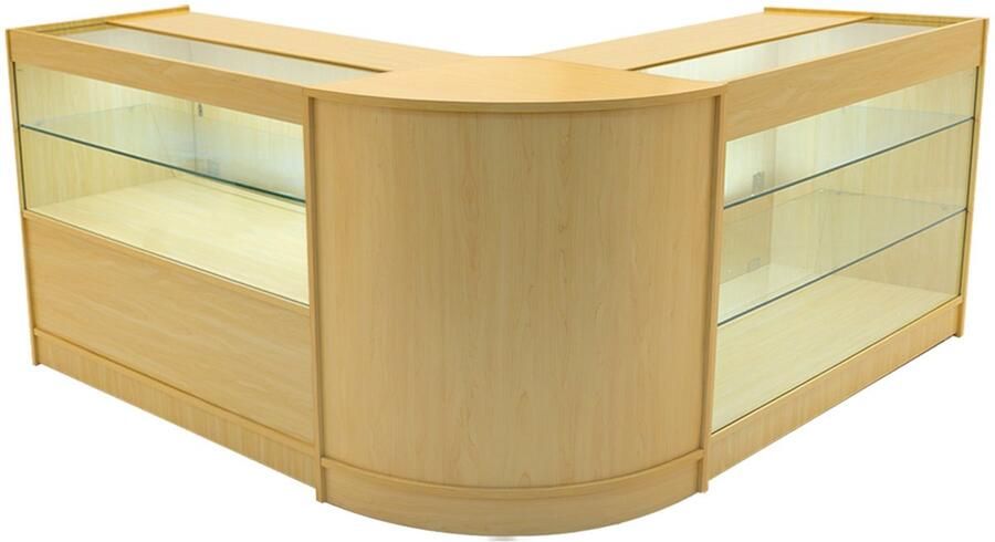 Monster Shop NL Esdoorn Winkel Toonbank Set Hera LED Verlichting K1200 C1200 CM60 Afsluitbaar Schuifdeuren Sleutels 3 Detailhandel Opbergkast Glas Vitrinekast Hoek Binnen Planken Witte Lampen