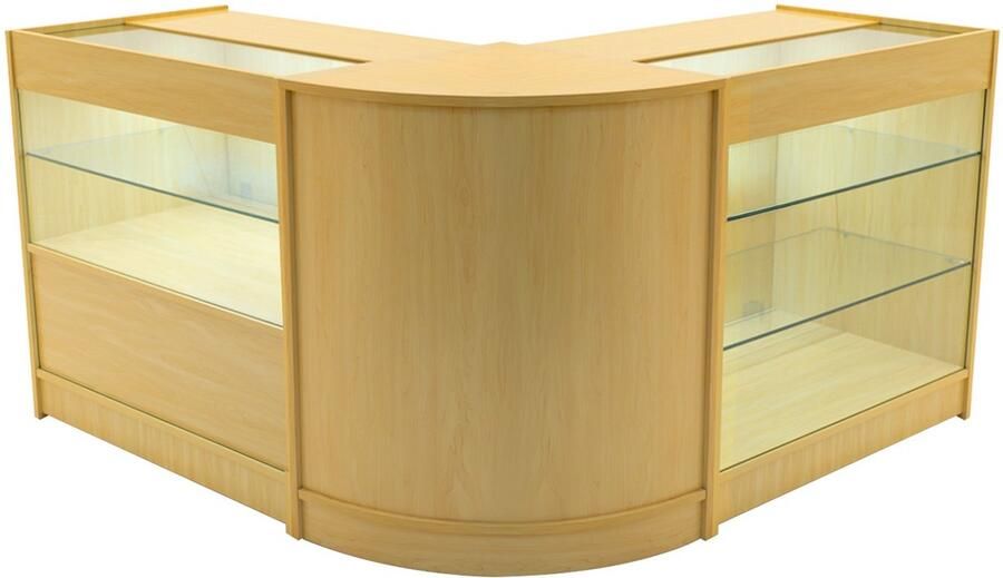 Monster Shop NL Esdoorn Winkel Toonbank Set Hera LED Verlichting K900 C900 CM60 Afsluitbaar Schuifdeuren Sleutels 3 Detailhandel Opbergkast Glas Vitrinekast Hoek Binnen Planken Witte Lampen