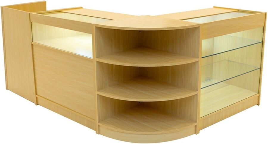 Monster Shop NL Esdoorn Winkel Toonbank Set Hyperion LED Verlichting K900 B900 LM60 TB60 Afsluitbaar Schuifdeuren Sleutels 3 Detailhandel Opbergkast Kassabalie Glas Vitrinekast Hoek Planken Witte Lampen