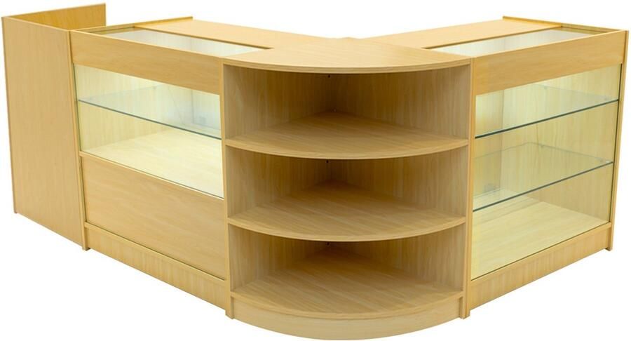 Monster Shop NL Esdoorn Winkel Toonbank Set Theia LED Verlichting K900 C900 LM60 TB60 Afsluitbaar Schuifdeuren Sleutels Detailhandel Opbergkast Kassabalie Glas Vitrinekast Hoek Binnen Planken Schappen Witte Lampen