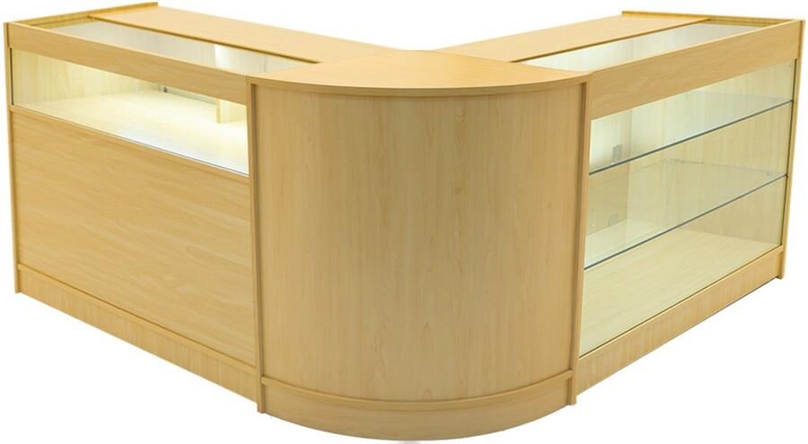 Monster Shop NL Esdoorn Winkel Toonbank Set Triton LED Verlichting K1200 B1200 CM60 Afsluitbaar Schuifdeuren Sleutels 3 Detailhandel Opbergkast Balie Glas Vitrinekast Hoek Binnen Planken Schappen Witte Lampen