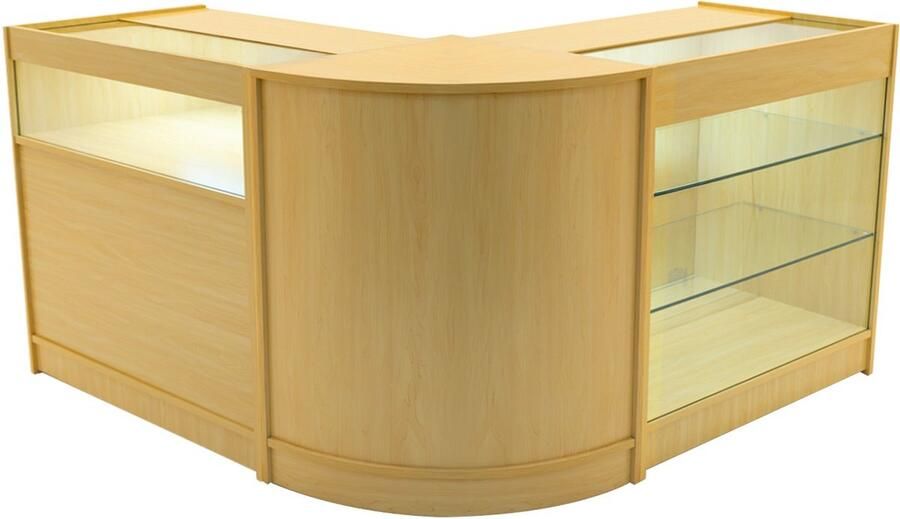 Monster Shop NL Esdoorn Winkel Toonbank Set Triton LED Verlichting K900 B900 CM60 Afsluitbaar Schuifdeuren Sleutels 3 Detailhandel Opbergkast Balie Glas Vitrinekast Hoek Binnen Planken Schappen Witte Lampen