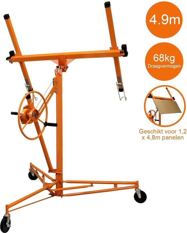 Monster Shop NL Gipsplaten Lifter 4ft 16ft Hoist Gipsplaat Jack Tool 68kg Hefvermogen Kantelactie 3 x 10cm Vergrendelbare Zwenkwielen Mobiel Heavy Duty Gepoedercoat Staal Opvouwbaar Frame Commerciële DIY T-Mech