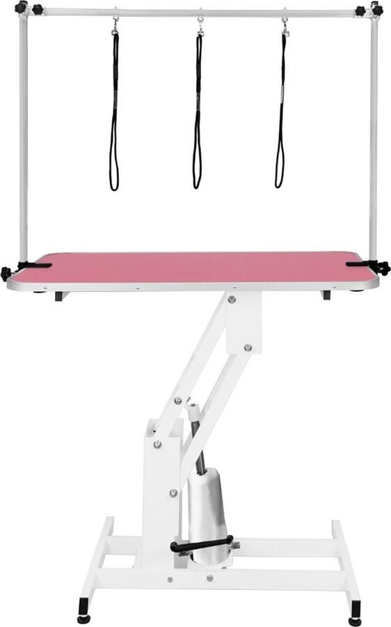 Monster Shop NL Roze Hydraulische Hondentrimeertafel Verstelbare H-bar voor 180 kg 106cm x 61cm Rubberen Blad Zware Uitvoering Stalen Frame in Wit 4 Verstelbare Stabiele Poten 3 Lusvormige Lijnen